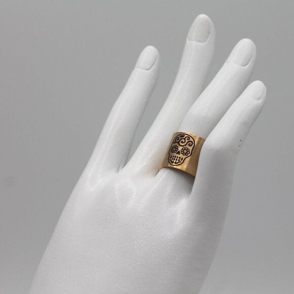 Jewelry ring band wide size 6.5 adjustable skull Dia de Muertos rose gold tone - Picture 4 of 7